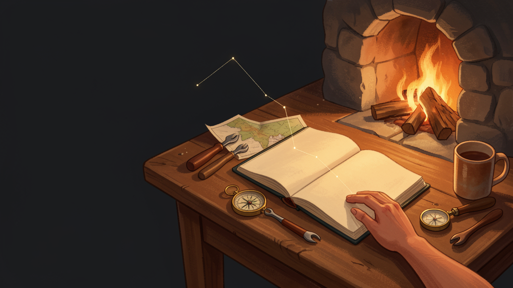 A warm wooden workbench beside a small stone hearth, with a blank notebook, tools, compasses, a mug, and a subtle constellation-like line of light above the desk.