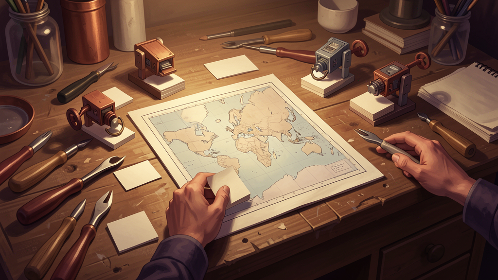 A pair of hands working at a wooden bench with a map, hand tools, and small mechanical devices set aside as bounded aids.