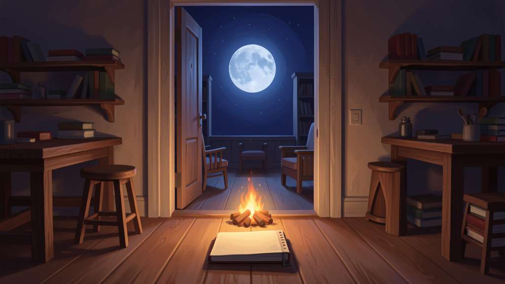 An open workshop doorway with a small hearth and blank notebook, looking toward a calm moonlit reading room.